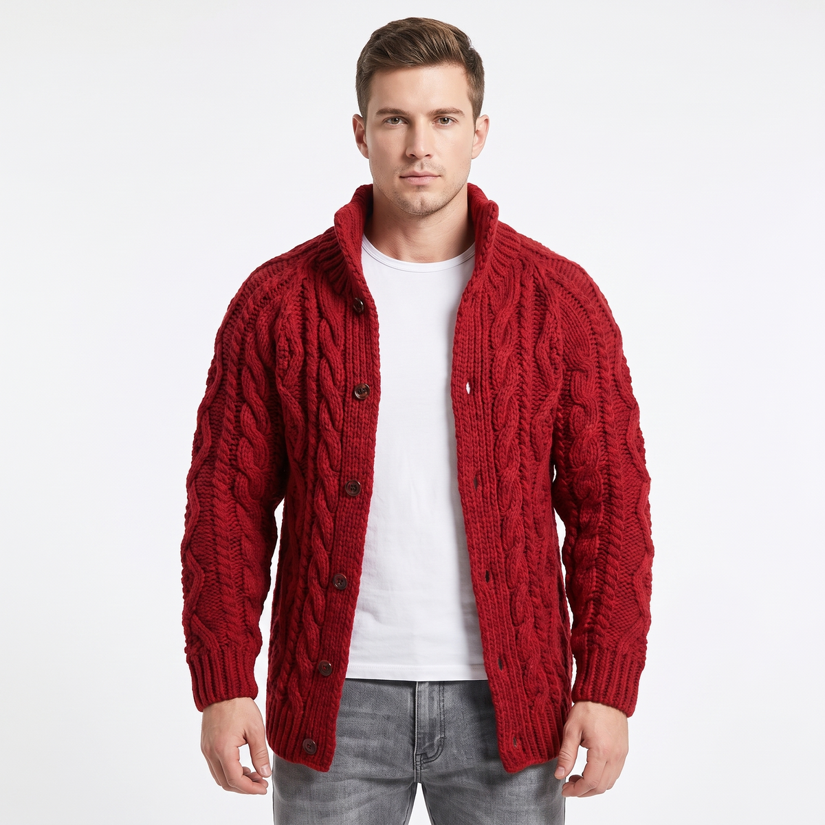 Men's Cable Knit Cardigan Chunky Shawl Collar Winter Sweater