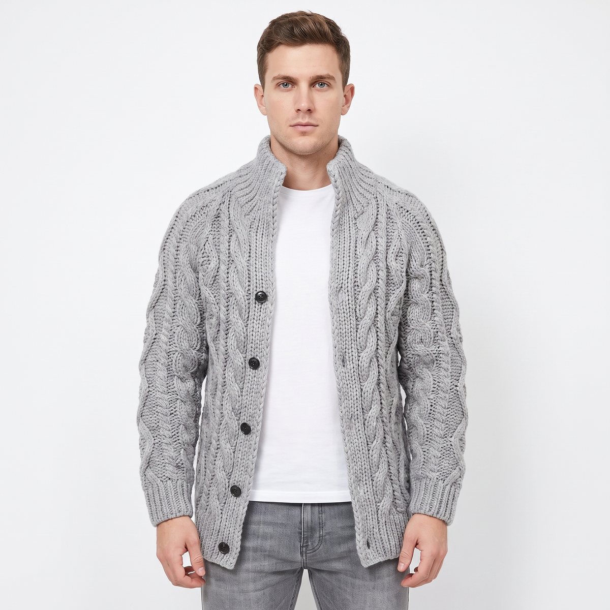 Men's Cable Knit Cardigan Chunky Shawl Collar Winter Sweater