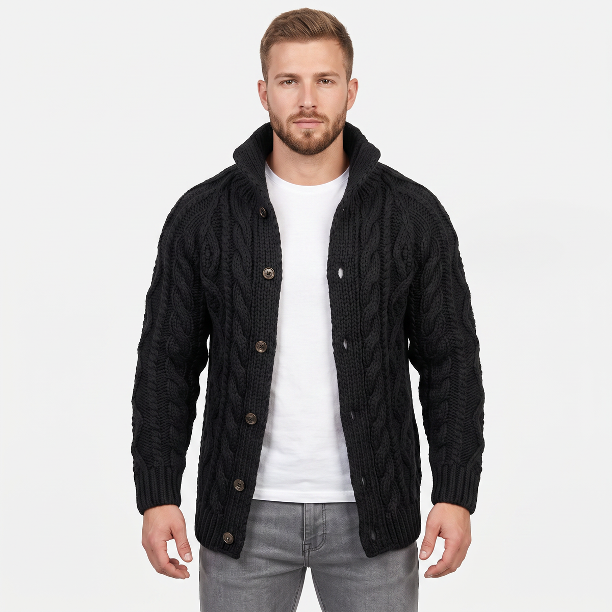 Men's Cable Knit Cardigan Chunky Shawl Collar Winter Sweater