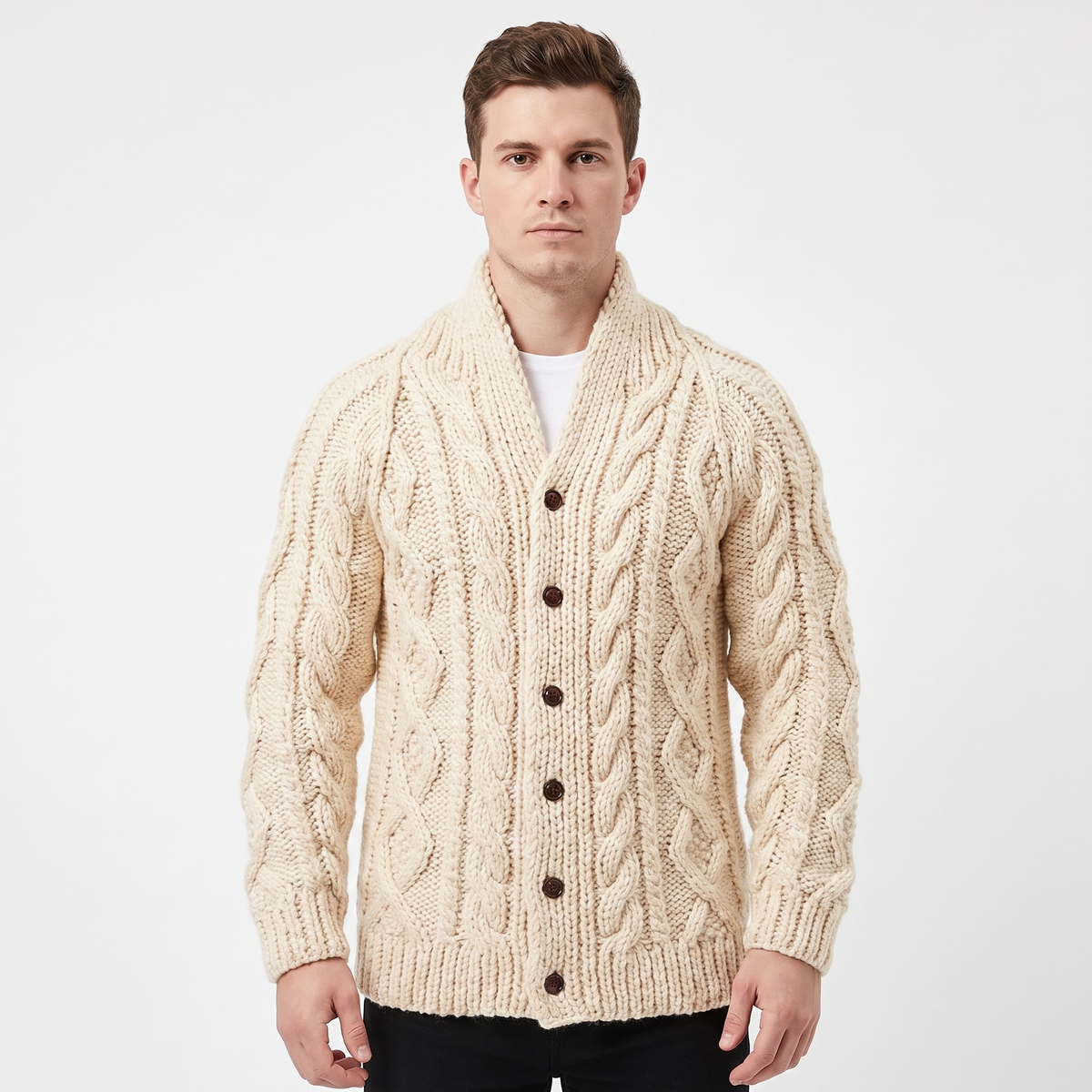 Men's Cable Knit Cardigan Chunky Shawl Collar Winter Sweater