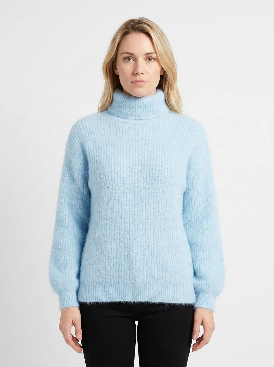 Women's Fuzzy Knit Mock-Neck Winter Sweater Balloon Sleeve Pullover