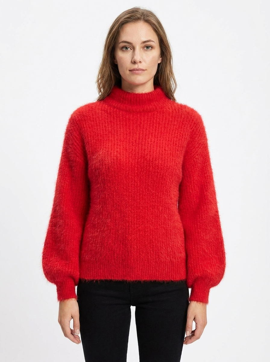 Women's Fuzzy Knit Mock-Neck Winter Sweater Balloon Sleeve Pullover