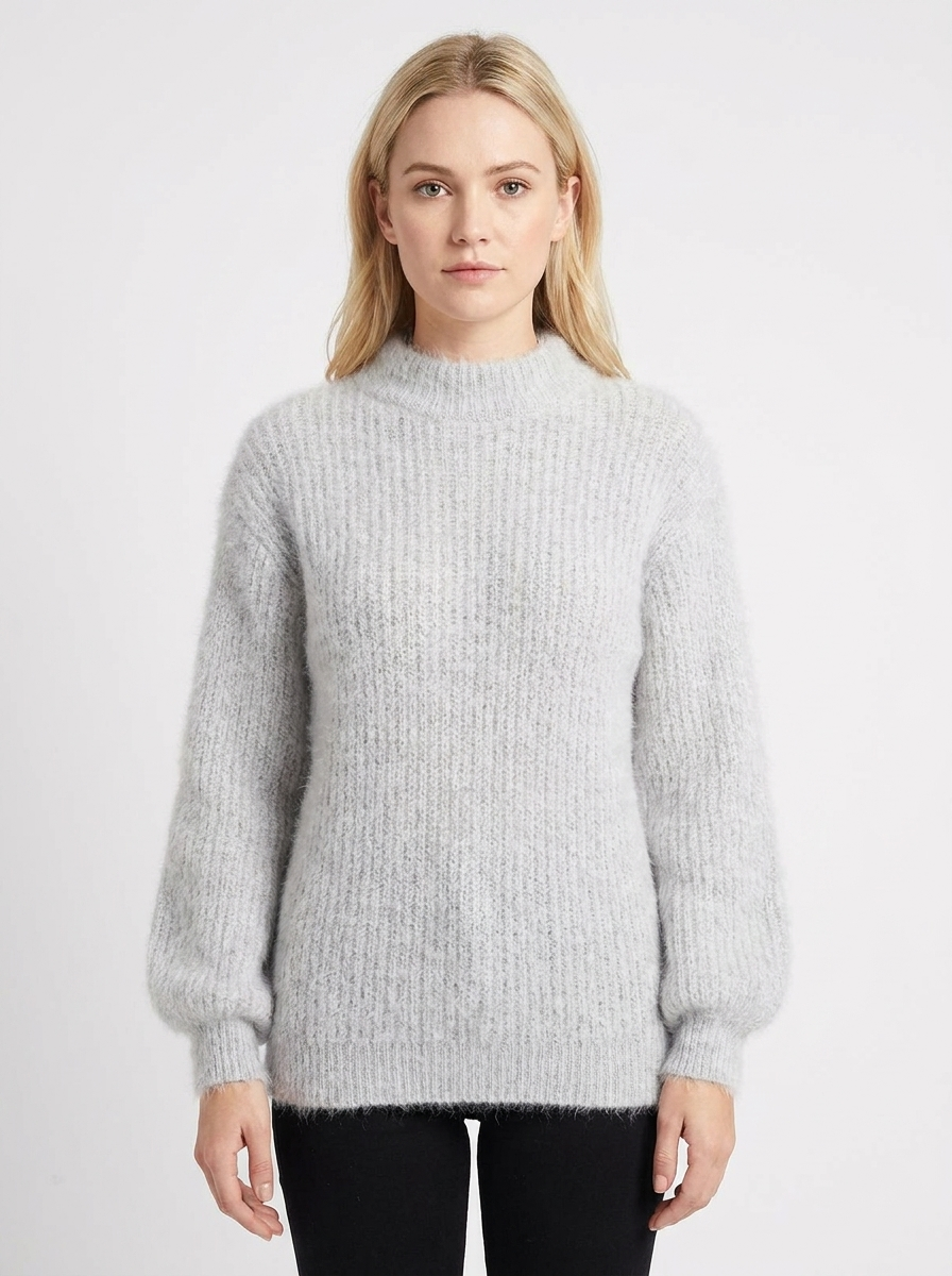Women's Fuzzy Knit Mock-Neck Winter Sweater Balloon Sleeve Pullover