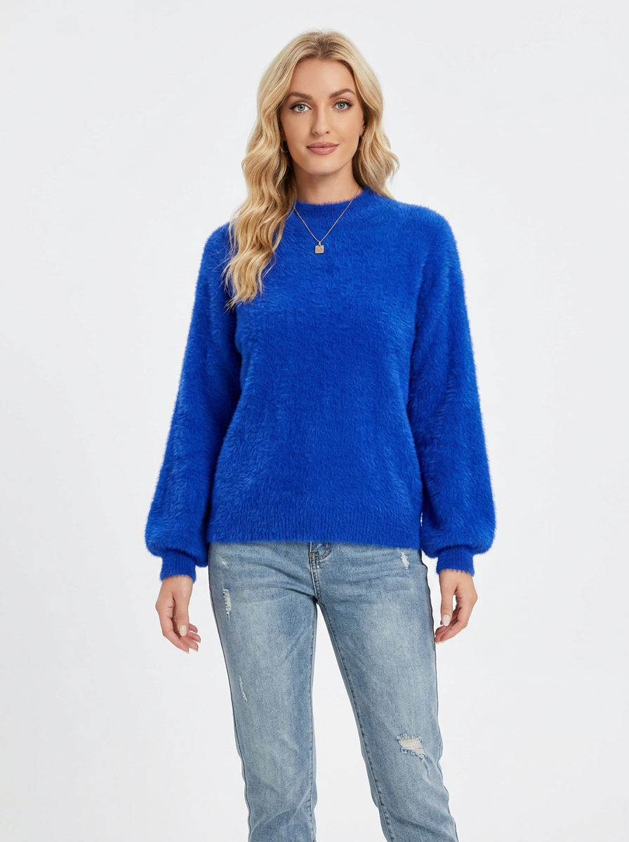 Women's Fuzzy Knit Mock-Neck Winter Sweater Balloon Sleeve Pullover