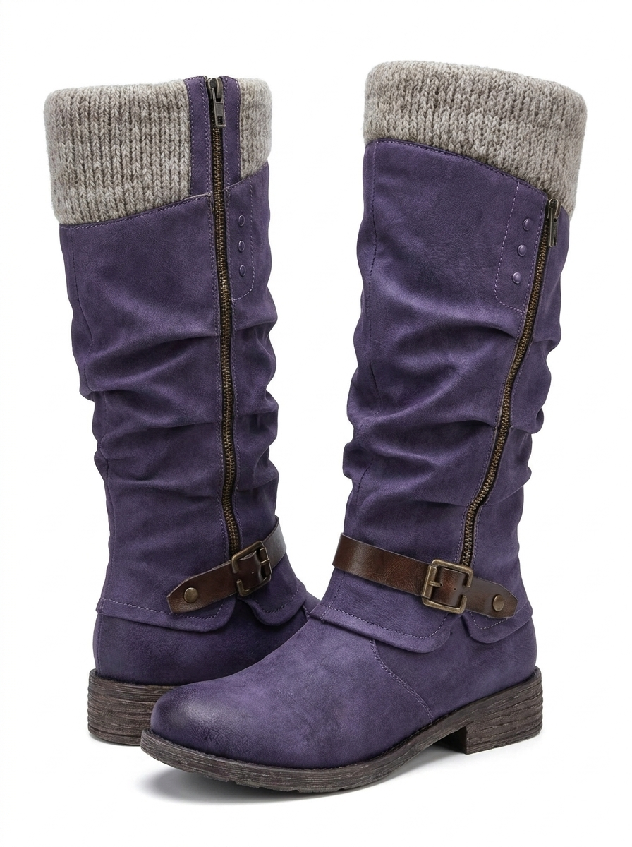 Women's Knee-High Knit Cuff Buckle Strap Riding Winter Boots