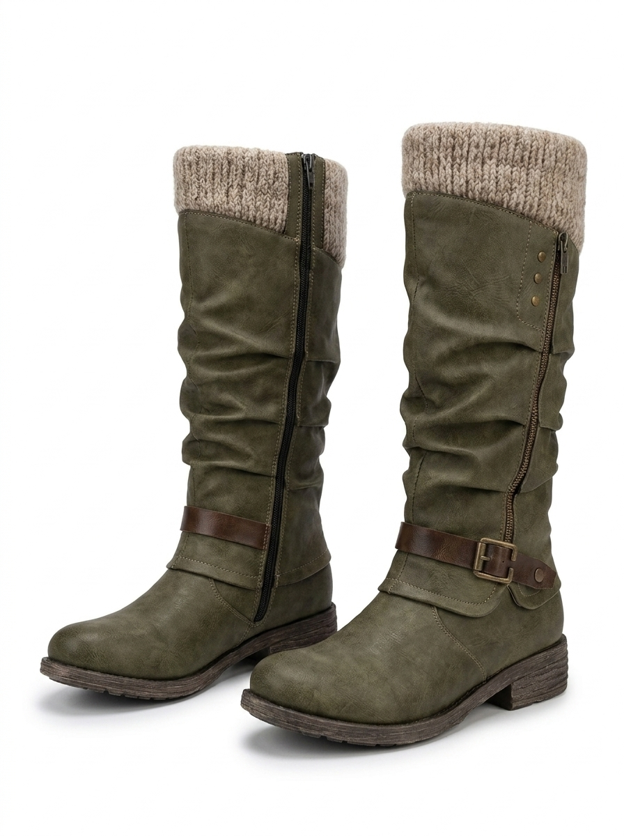 Women's Knee-High Knit Cuff Buckle Strap Riding Winter Boots