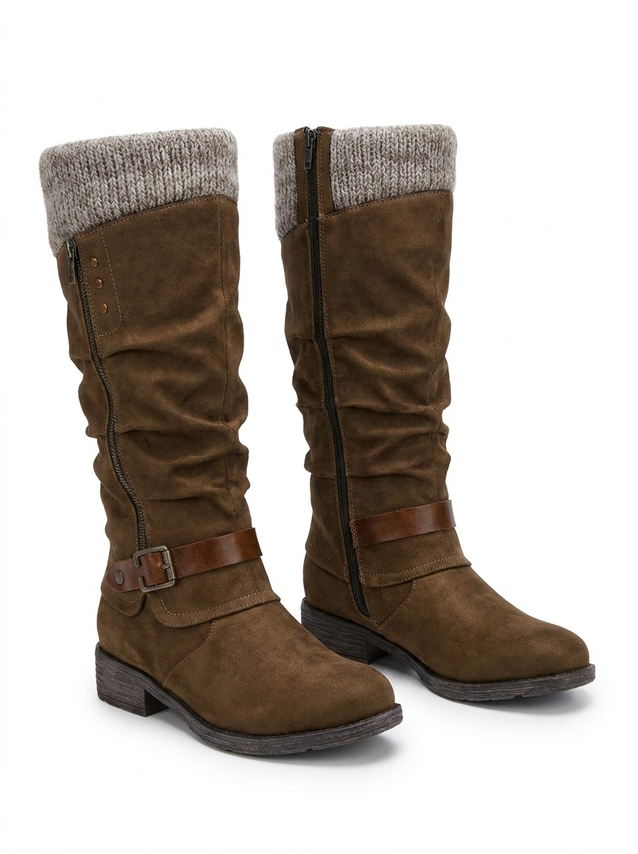 Women's Knee-High Knit Cuff Buckle Strap Riding Winter Boots