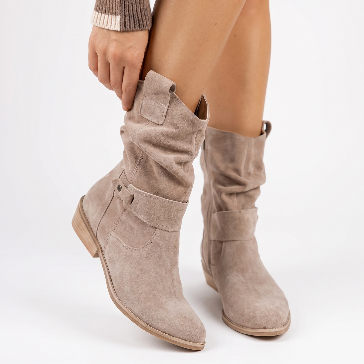 Women's Suede Slouchy Winter Boots Mid-Calf Low Block Heel