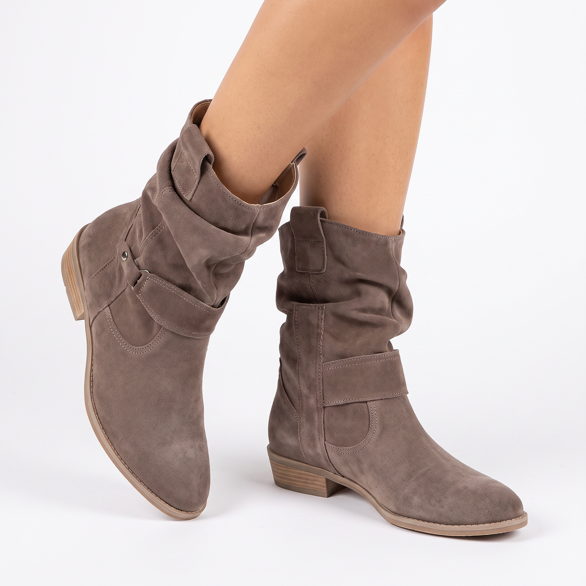 Women's Suede Slouchy Winter Boots Mid-Calf Low Block Heel