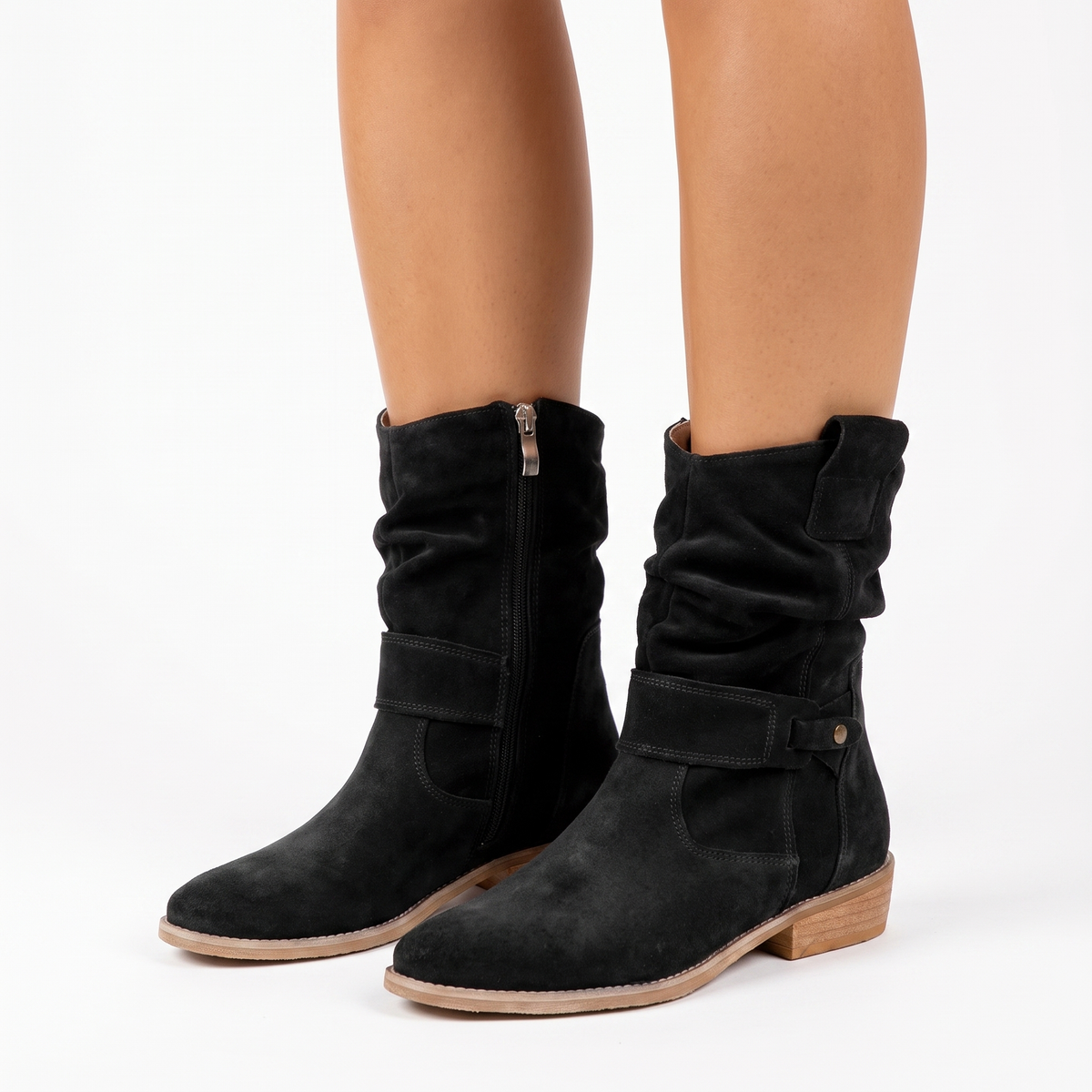 Women's Suede Slouchy Winter Boots Mid-Calf Low Block Heel