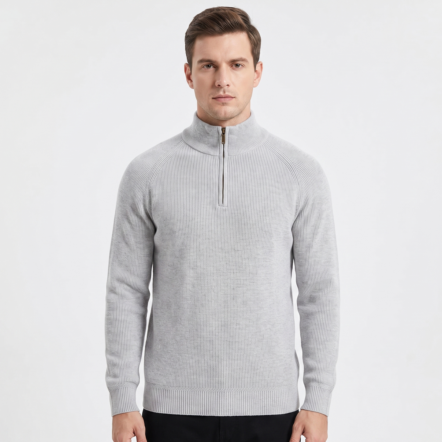 Men's Quarter-Zip Sweater Ribbed Knit Contrast Collar Pullover