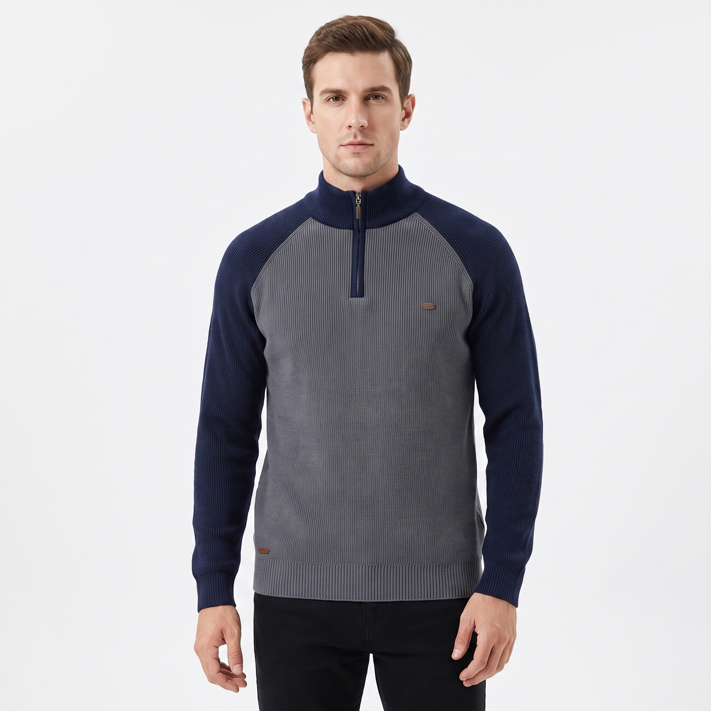 Men's Quarter-Zip Sweater Ribbed Knit Contrast Collar Pullover