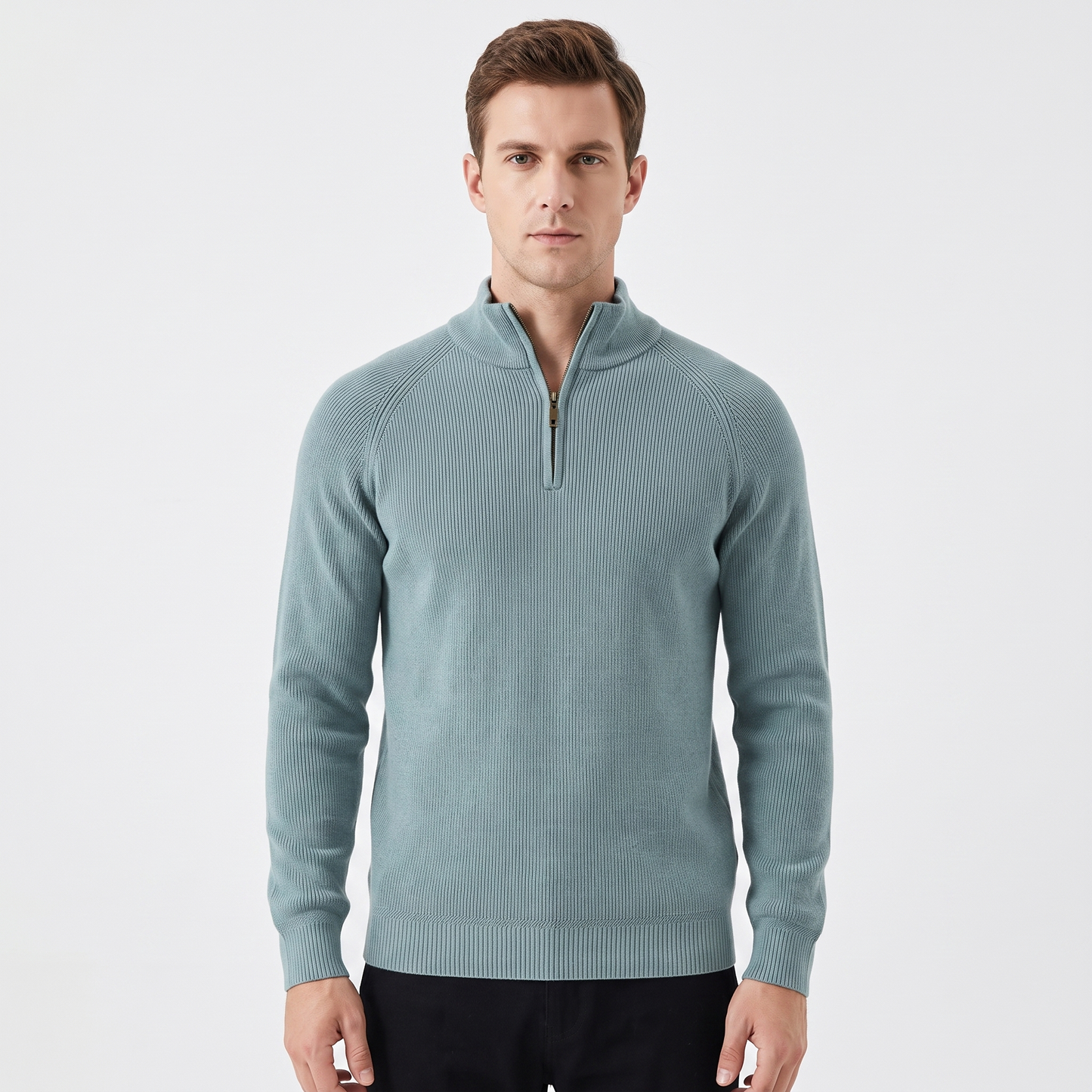 Men's Quarter-Zip Sweater Ribbed Knit Contrast Collar Pullover