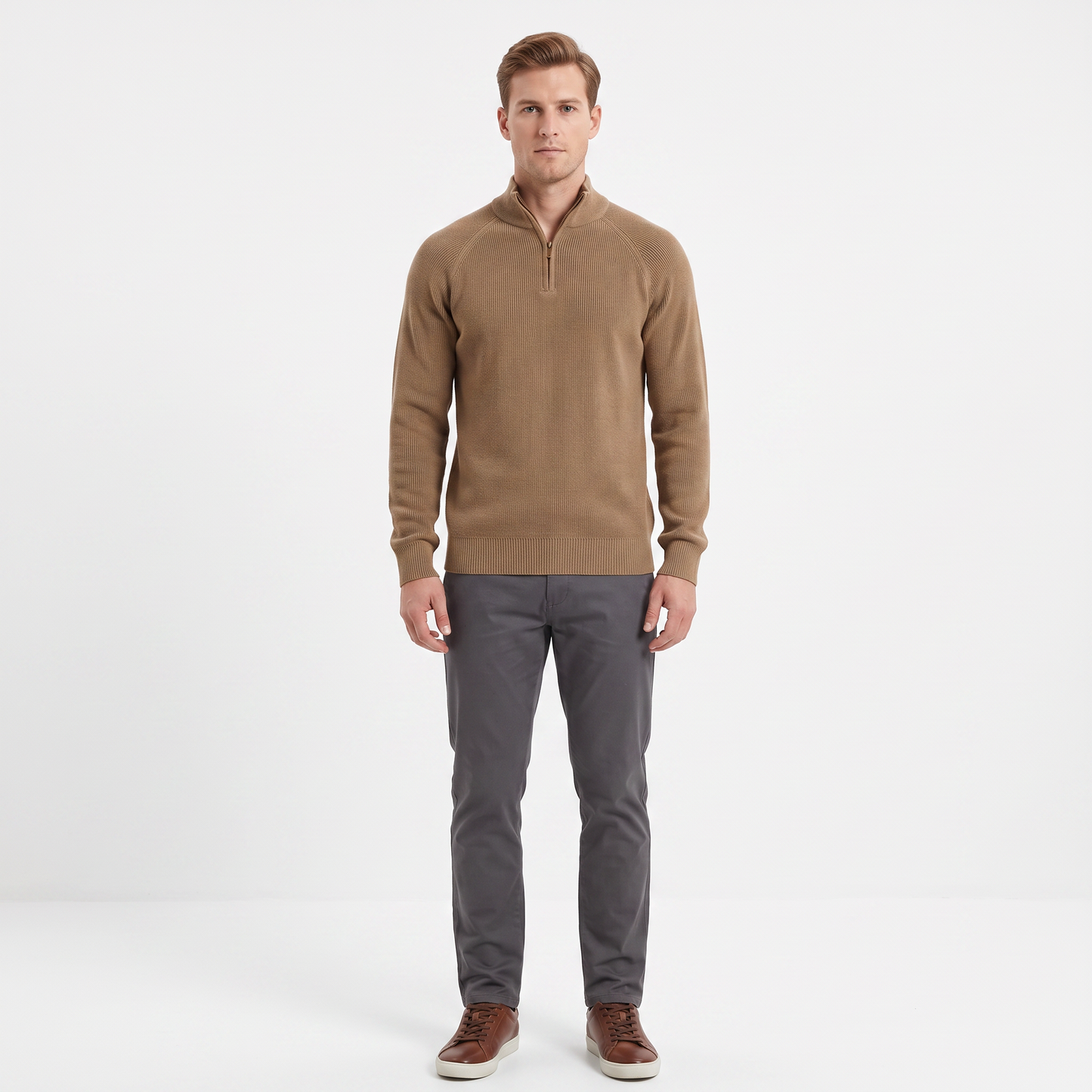 Men's Quarter-Zip Sweater Ribbed Knit Contrast Collar Pullover