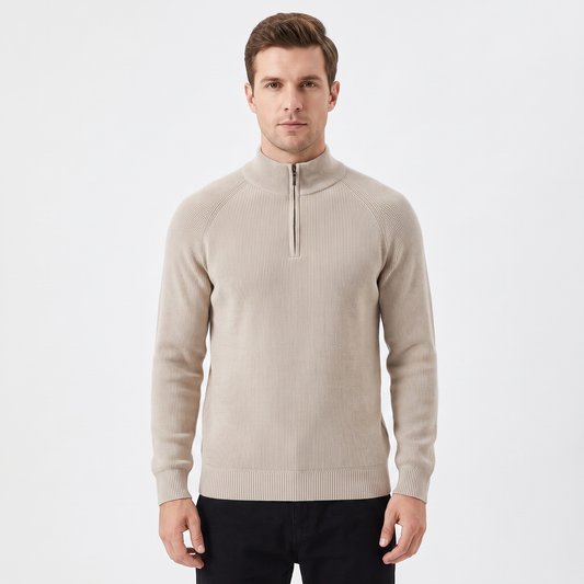 Men's Quarter-Zip Sweater Ribbed Knit Contrast Collar Pullover