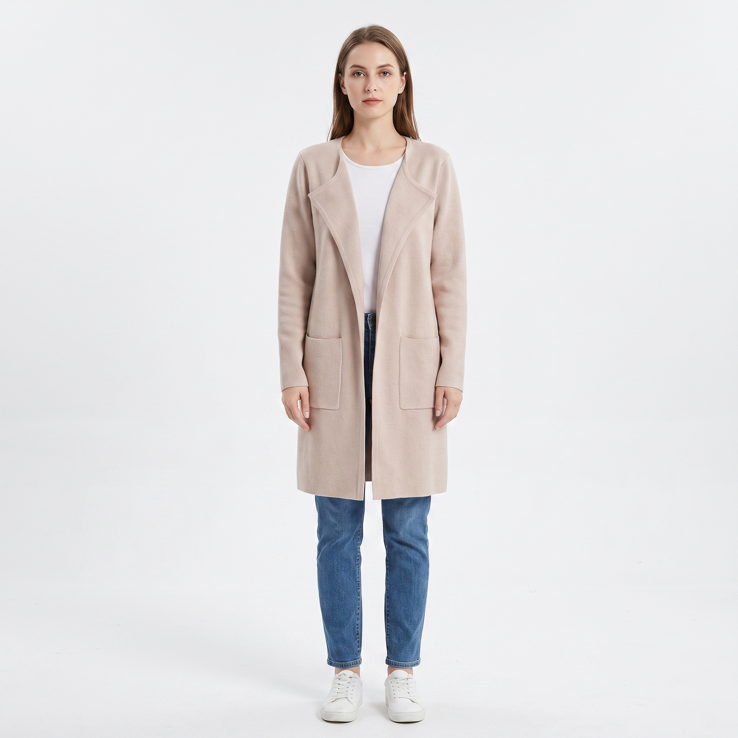 Women's Longline Cardigan Open-Front Knit Coat with Pockets