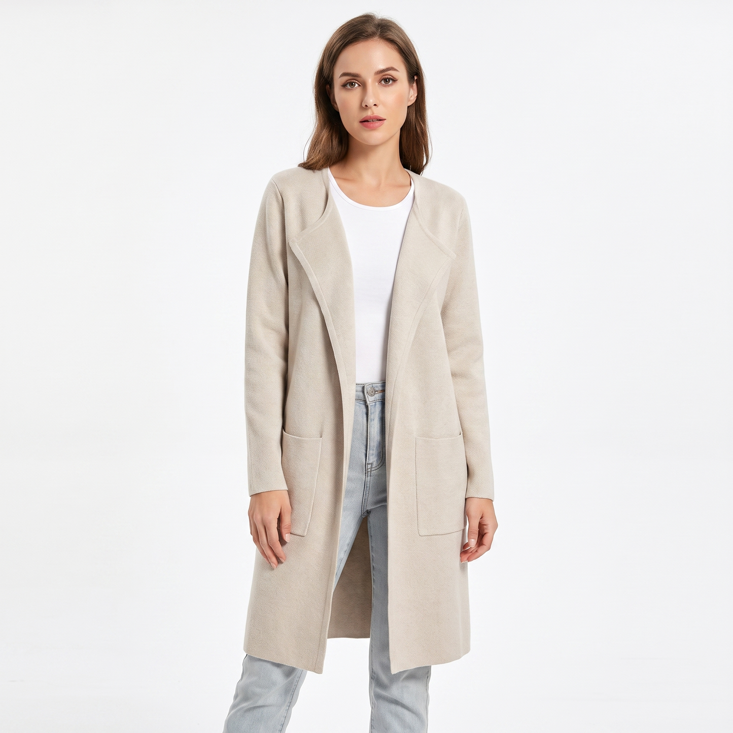Women's Longline Cardigan Open-Front Knit Coat with Pockets