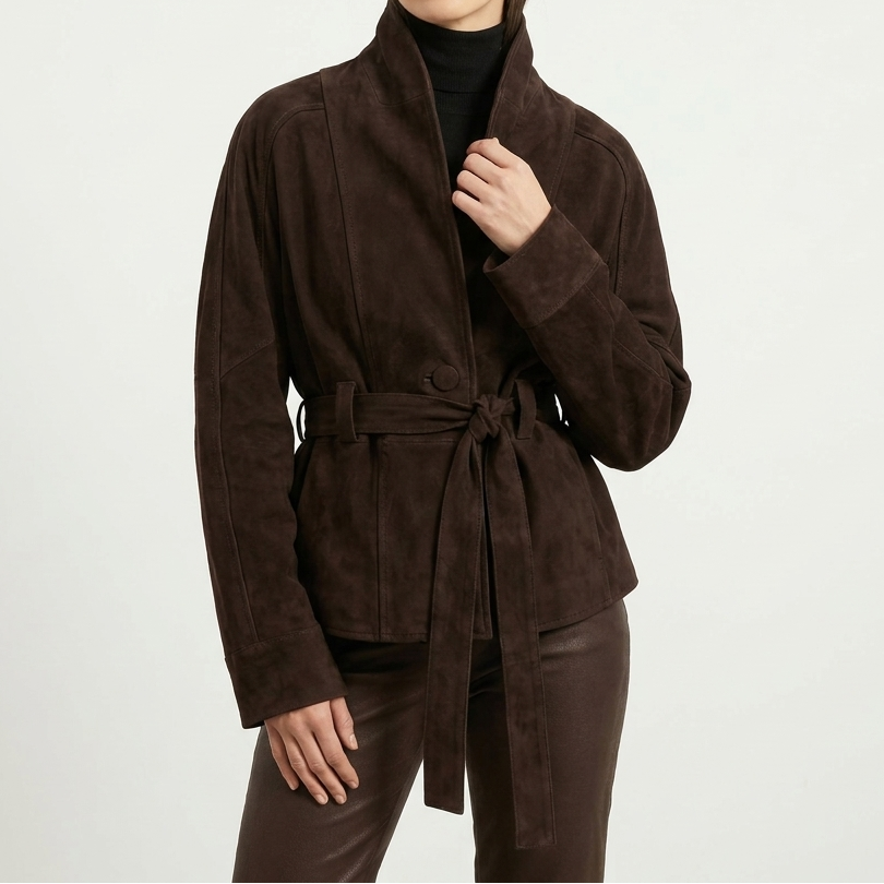 Belted Chocolate Suede Wrap Jacket