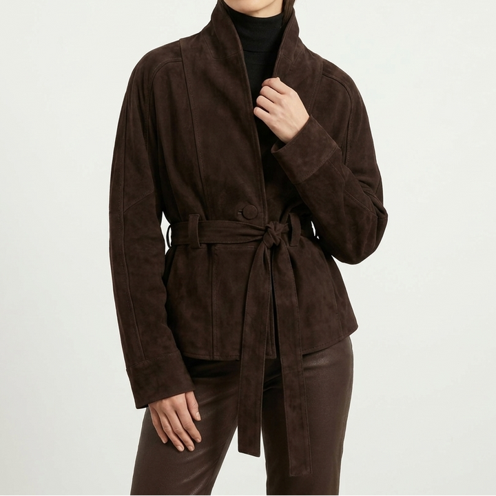 Belted Chocolate Suede Wrap Jacket