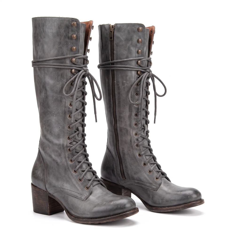 Women's Lace-Up Boots with Zipper - Orthopedic-Style Mid-Calf Comfort Boots with Stacked Heel Oxford and Hill