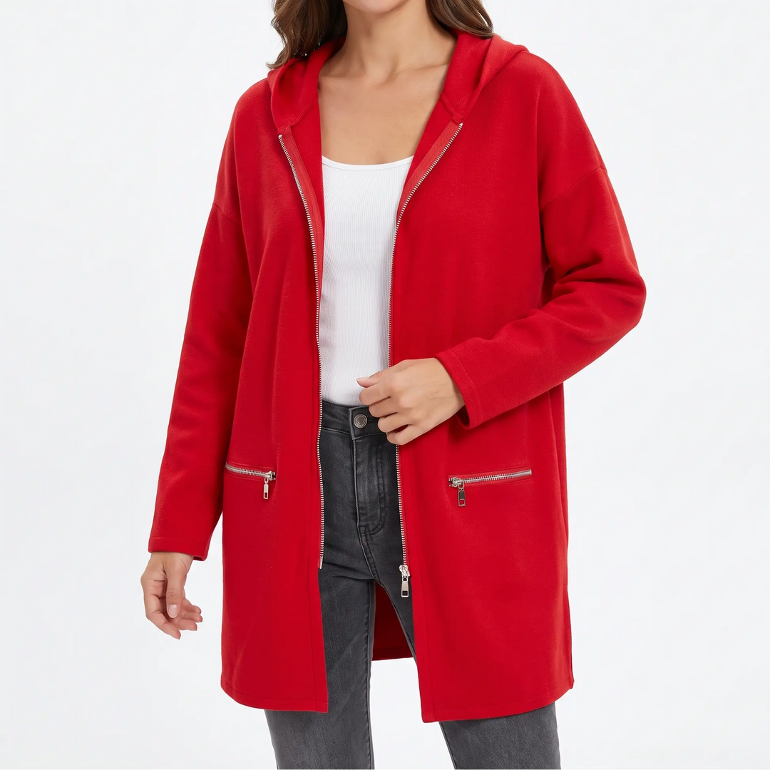 Women's Long Hooded Cardigan Sweater - Open-Front Longline Cardigan with Hood, Drop Shoulder Oxford and Hill