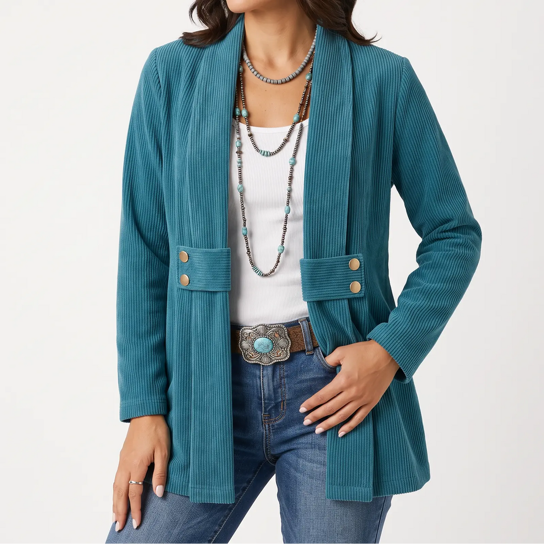 Women's Corduroy-Look Shacket - Long Open-Front Jacket with Gold-Tone Button Waist Tabs Oxford and Hill