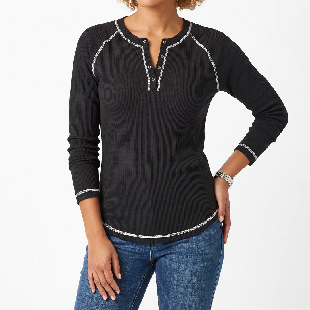 Women's Waffle Knit Henley Top - Long Sleeve Button Henley Shirt with Contrast Stitching Oxford and Hill
