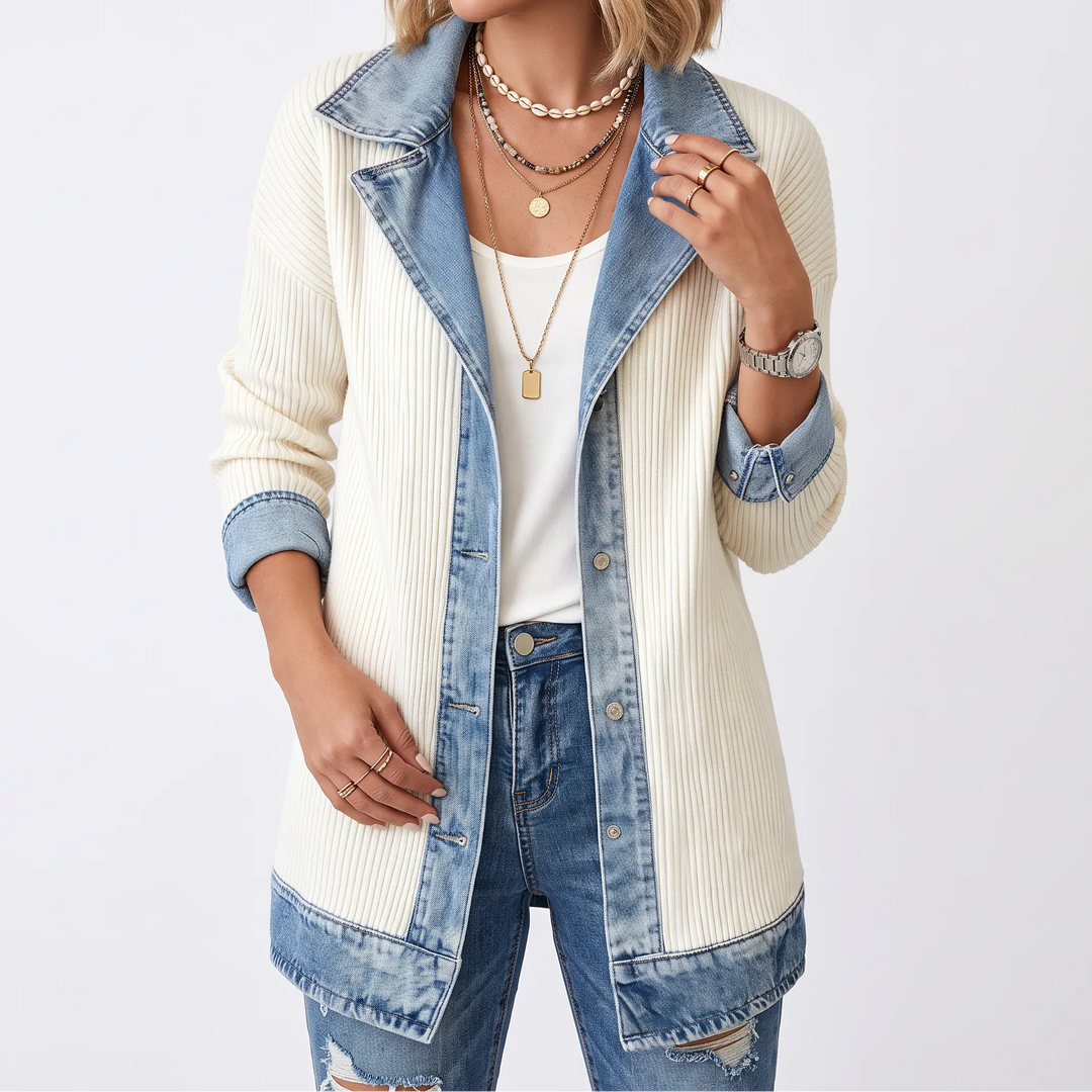 Women's Knit Sweater Jacket with Denim-Look Trim - Ribbed Button-Up Fall Jacket Oxford and Hill