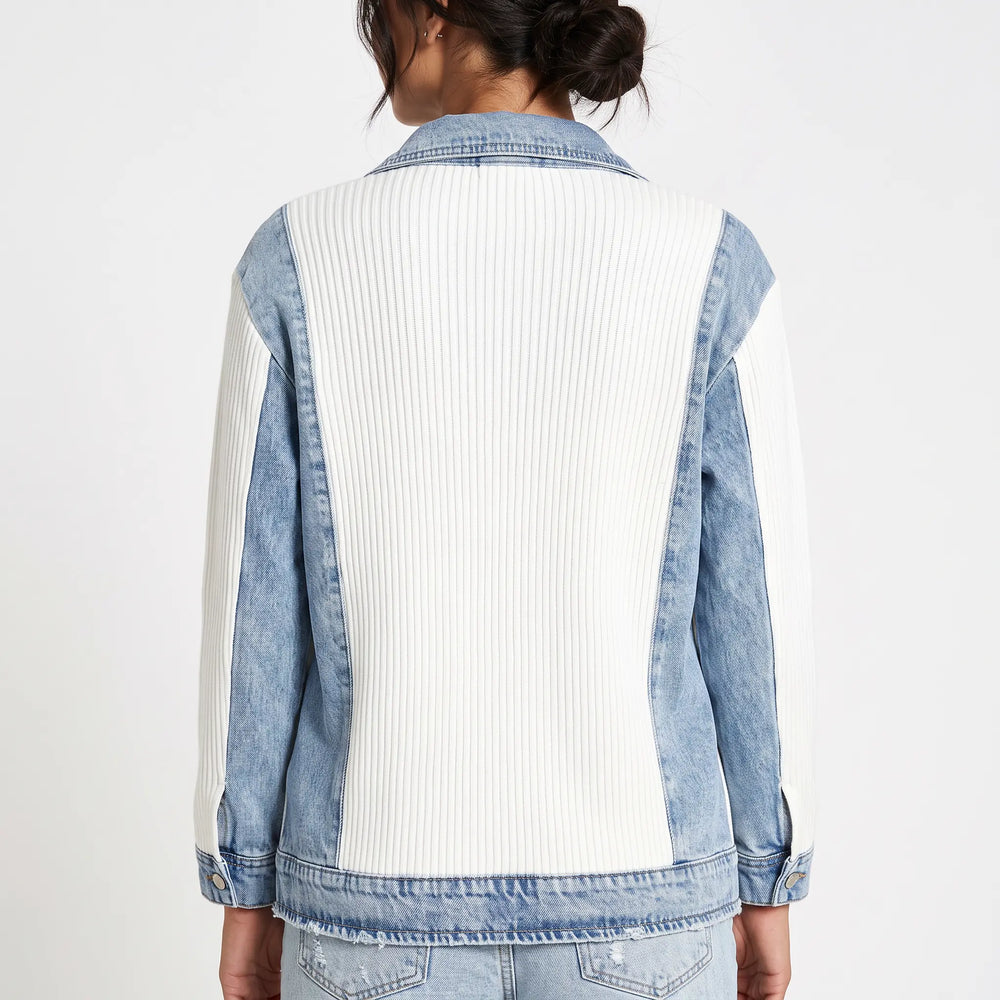 Women's Knit Sweater Jacket with Denim-Look Trim - Ribbed Button-Up Fall Jacket Oxford and Hill