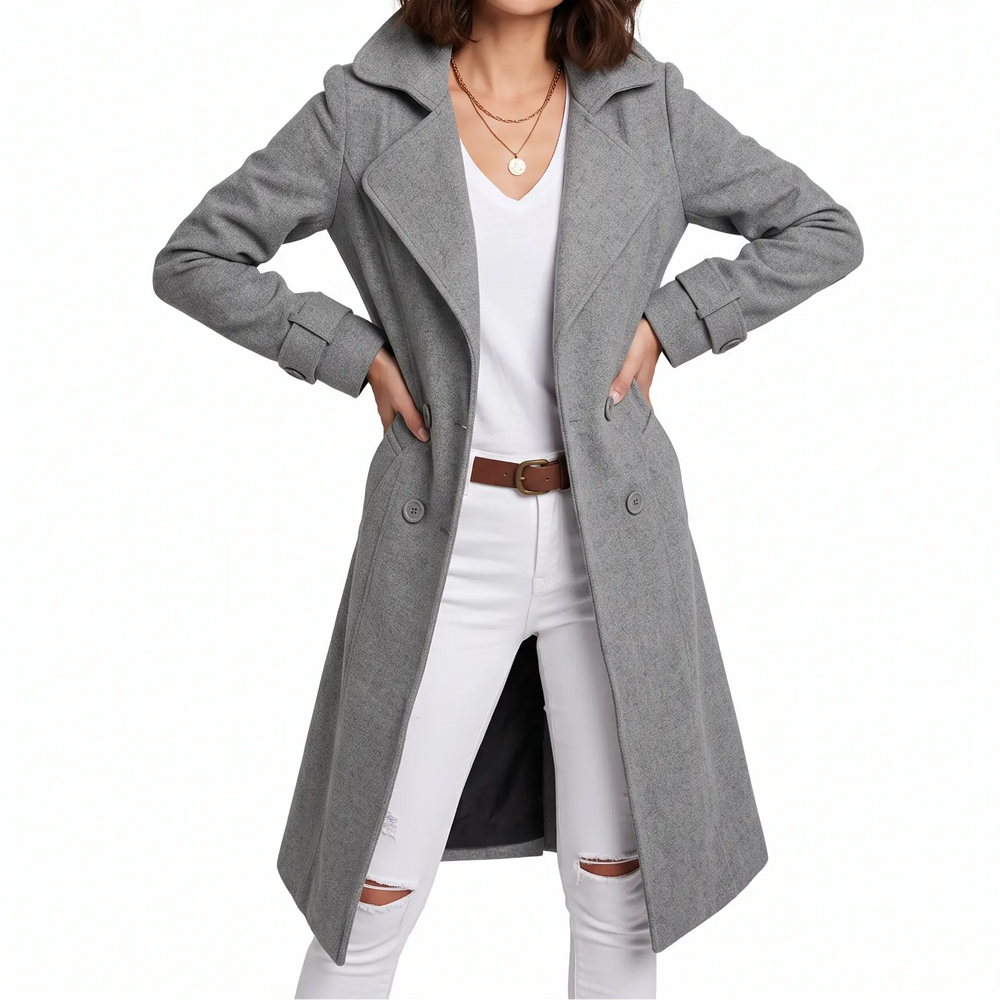 Women's Long Trench Coat - Double-Breasted Coat with Pockets, Notch Lapel Fall & Winter Coat Oxford and Hill