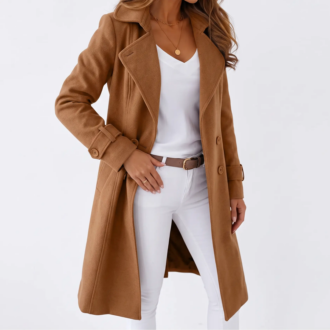 Women's Long Trench Coat - Double-Breasted Coat with Pockets, Notch Lapel Fall & Winter Coat Oxford and Hill
