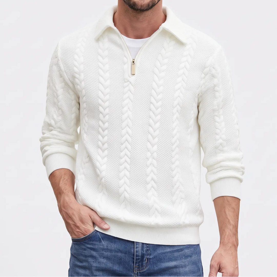 Men's Quarter Zip Sweater - Cable Knit Pullover with Collar, Ribbed Cuffs & Hem for Fall & Winter Oxford and Hill