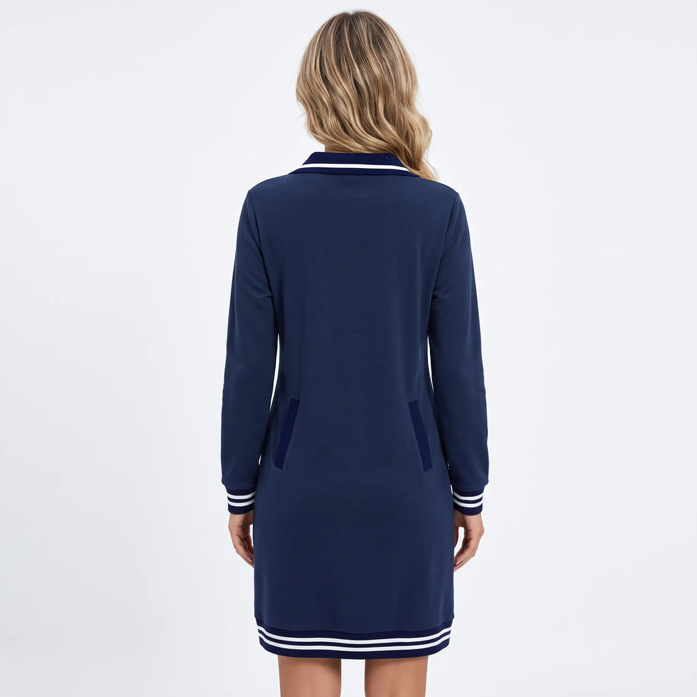 Women's Polo Sweater Dress with Pockets - Quarter-Zip Knit Dress with Striped Trim, Relaxed Fit Oxford and Hill