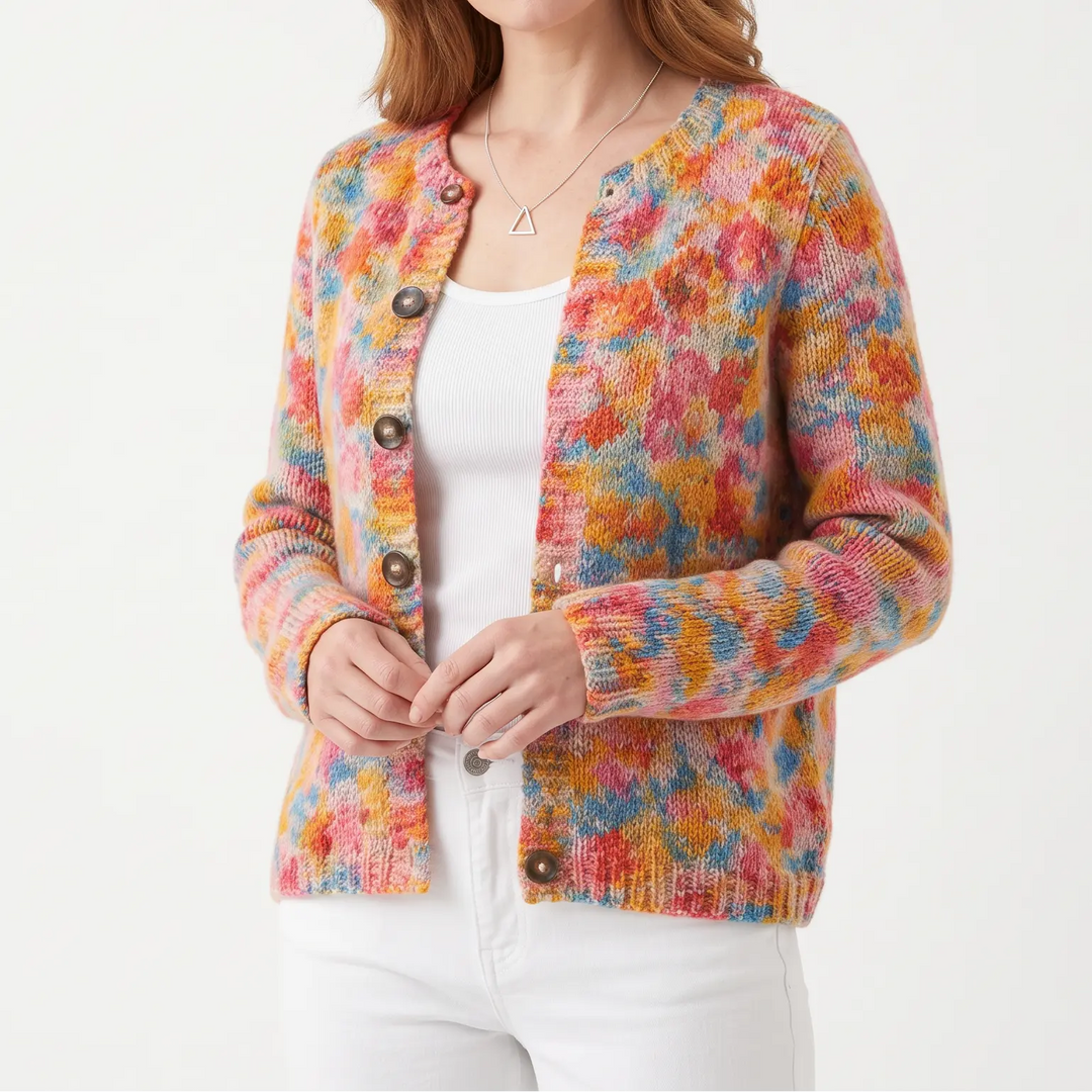 Women's Floral Knit Cardigan Sweater - Lightweight Button-Up Cardigan, Hip Length, Wear Open or Closed Oxford and Hill