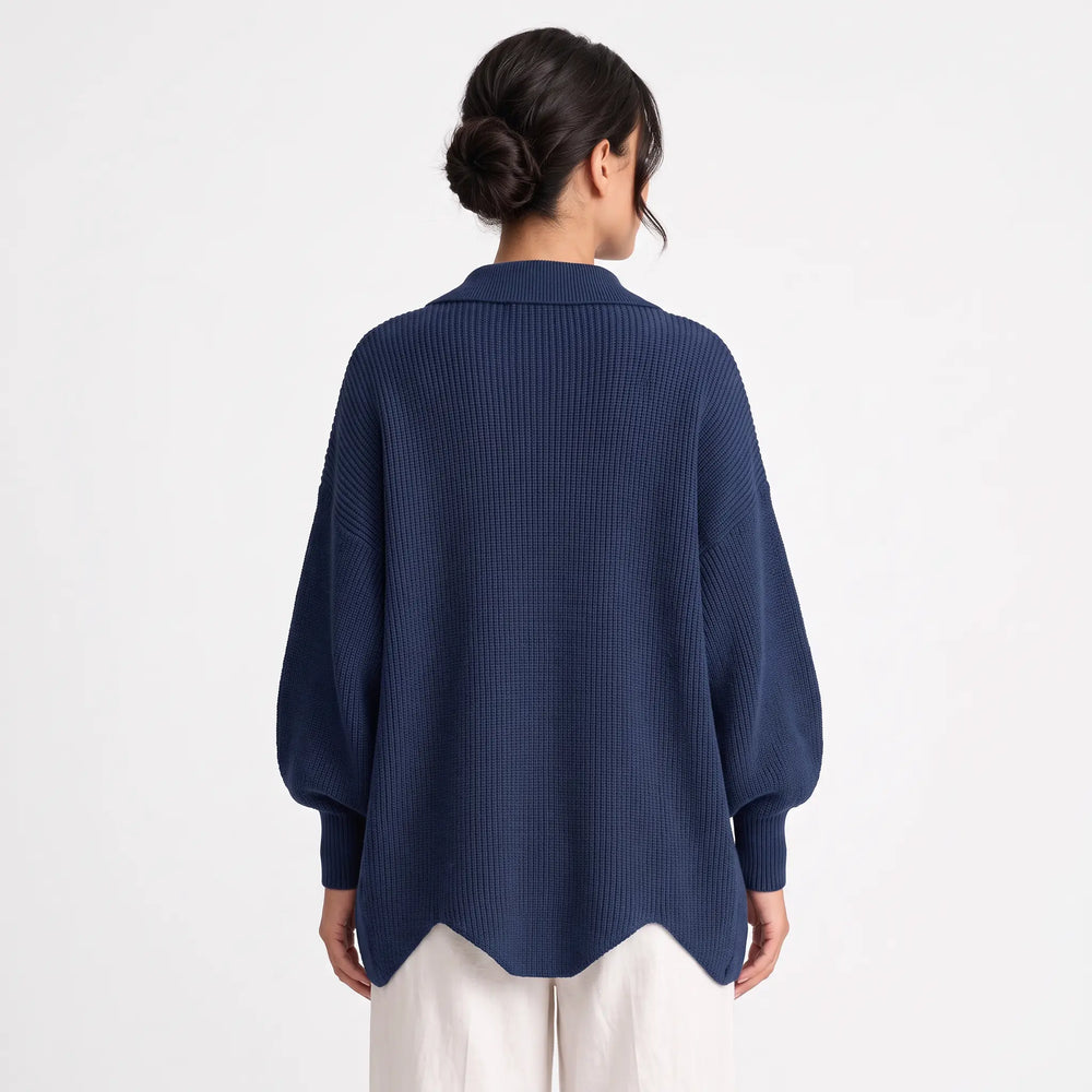 Women's Oversized Chunky Knit Cardigan - Collared Button-Up Cardigan Sweater with Lantern Sleeves Oxford and Hill
