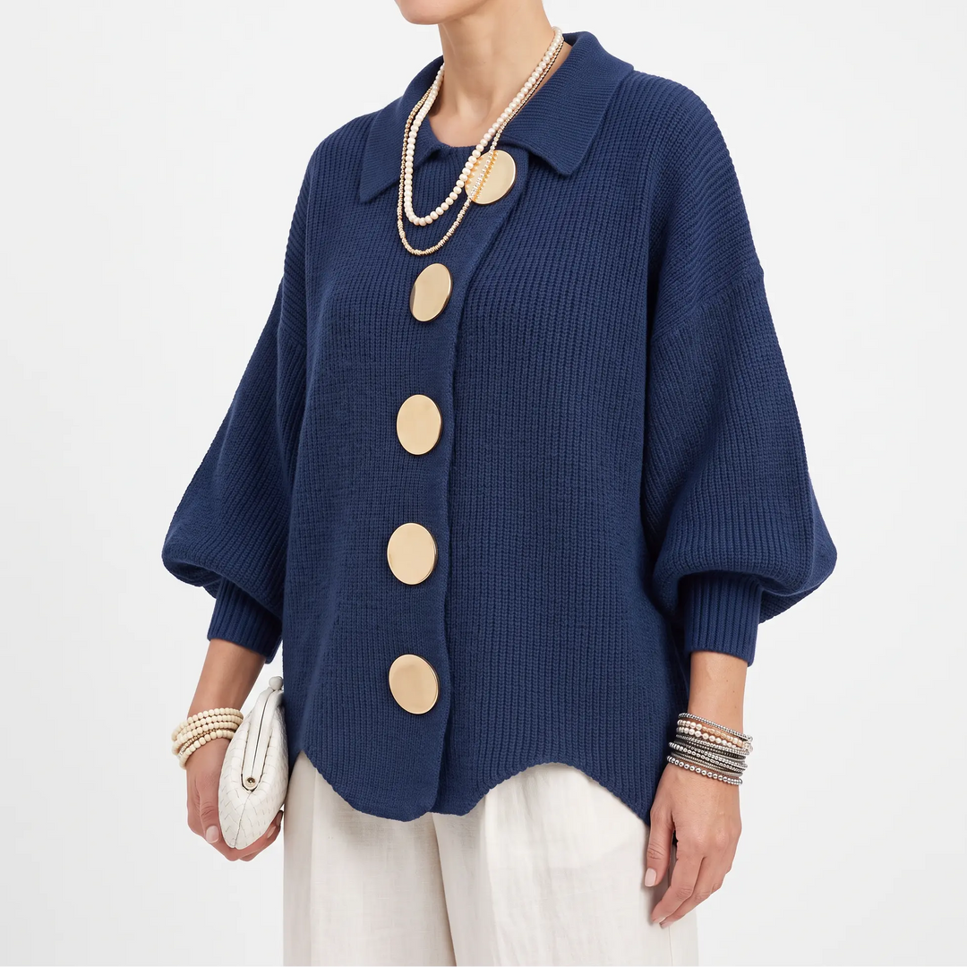 Women's Oversized Chunky Knit Cardigan - Collared Button-Up Cardigan Sweater with Lantern Sleeves Oxford and Hill