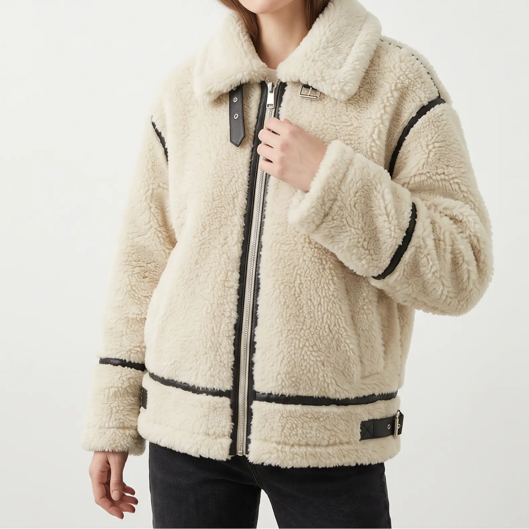 Women's Teddy Sherpa Fleece Aviator Winter Jacket with Leather Trim Oxford and Hill