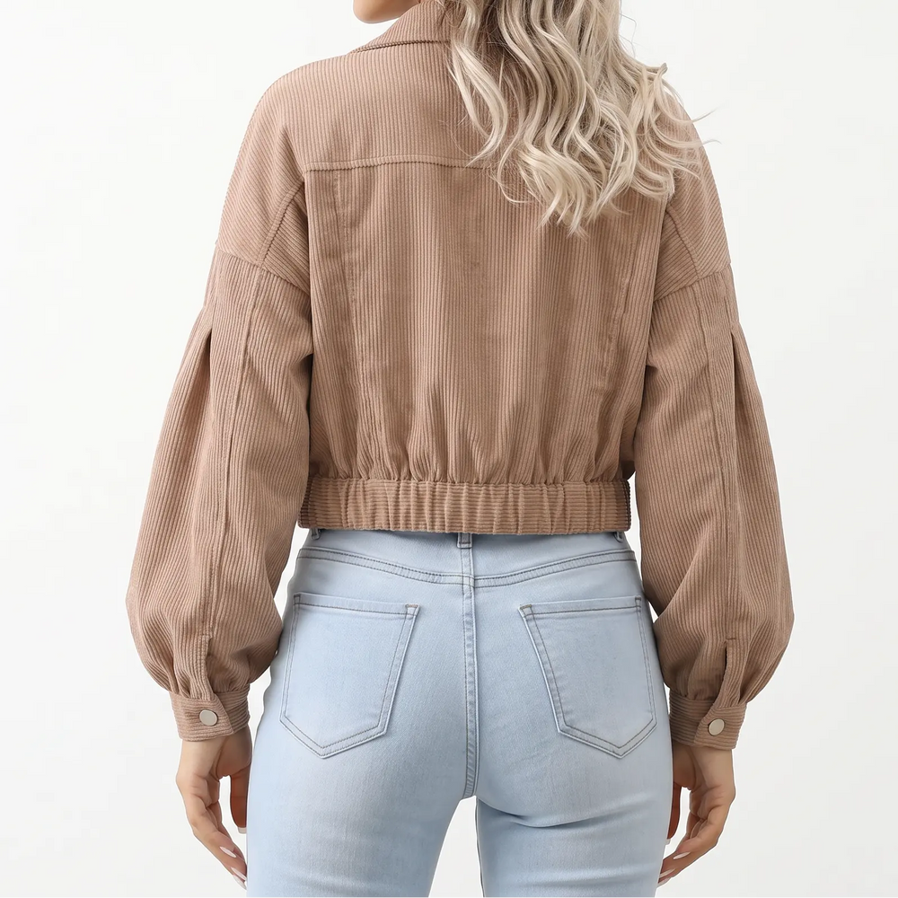 Women's Oversized Cropped Corduroy Puff-Sleeve Button Autumn Jacket Oxford and Hill