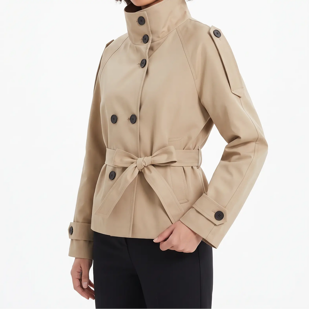 Women's Belted Trench Jacket Double-Breasted Stand Collar Winter Coat Oxford and Hill