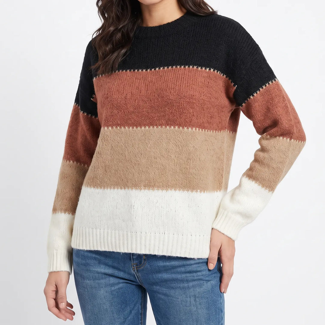 Women's Color-Block Winter Sweater Crew-Neck Long-Sleeve Knit Pullover Oxford and Hill