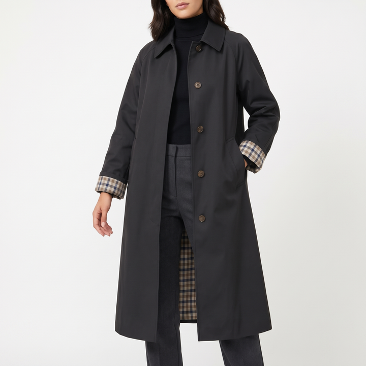Check-Lined Single-Breasted Trench Coat