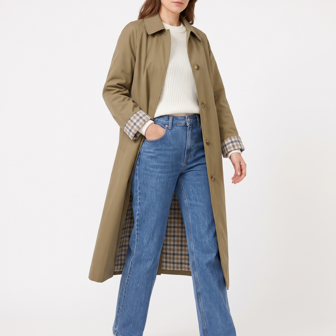 Check-Lined Single-Breasted Trench Coat