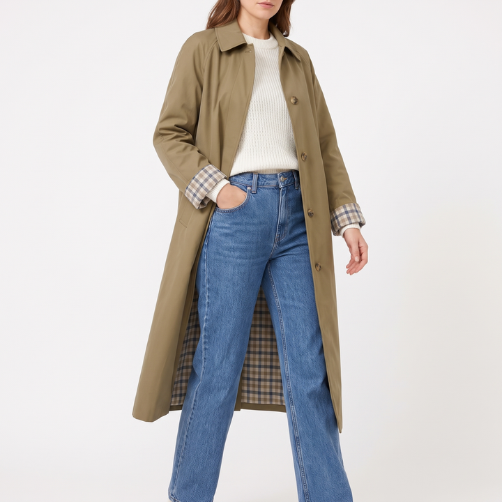 Check-Lined Single-Breasted Trench Coat
