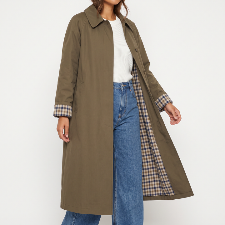 Check-Lined Single-Breasted Trench Coat