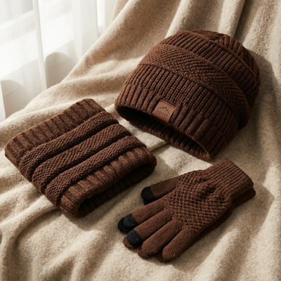 Men’s 3-Piece Winter Set – Fleece-Lined Knit Beanie, Neck Warmer & Touchscreen Gloves