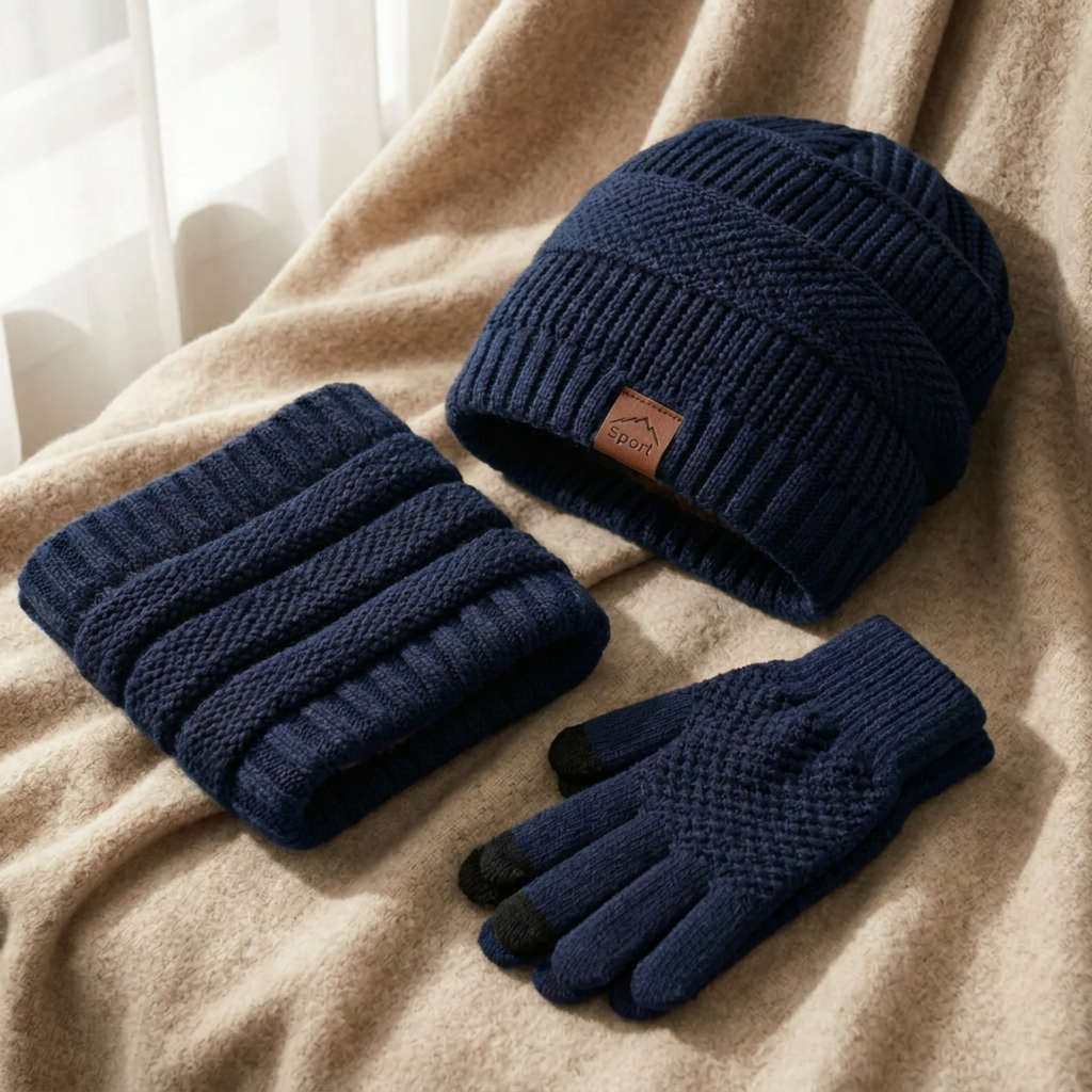 Men’s 3-Piece Winter Set – Fleece-Lined Knit Beanie, Neck Warmer &amp; Touchscreen Gloves