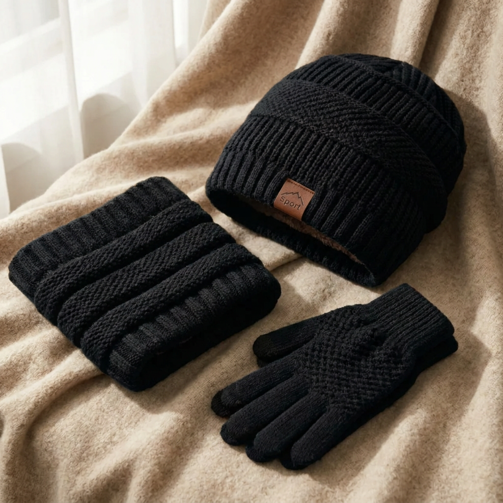 Men’s 3-Piece Winter Set – Fleece-Lined Knit Beanie, Neck Warmer &amp; Touchscreen Gloves