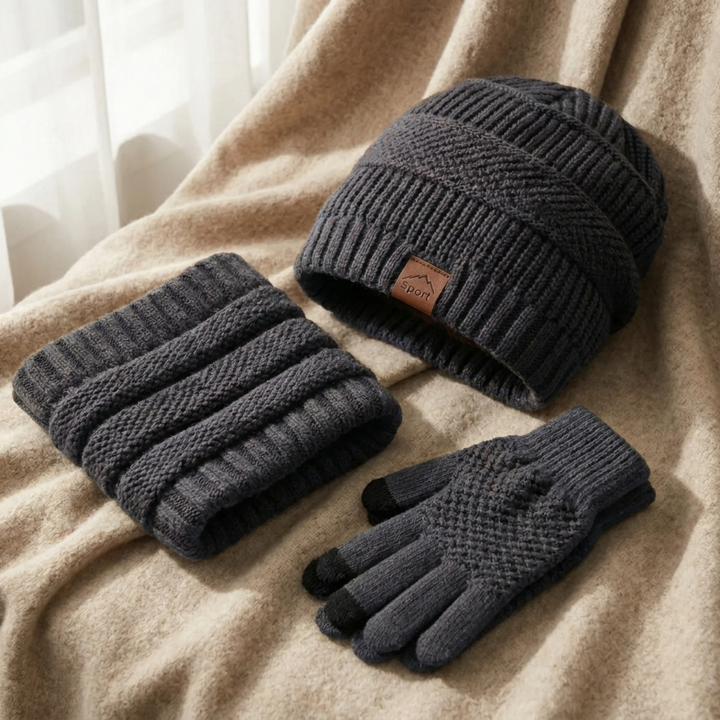 Men’s 3-Piece Winter Set – Fleece-Lined Knit Beanie, Neck Warmer &amp; Touchscreen Gloves