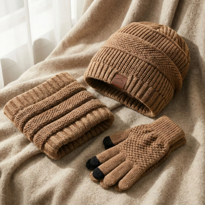 Men’s 3-Piece Winter Set – Fleece-Lined Knit Beanie, Neck Warmer &amp; Touchscreen Gloves