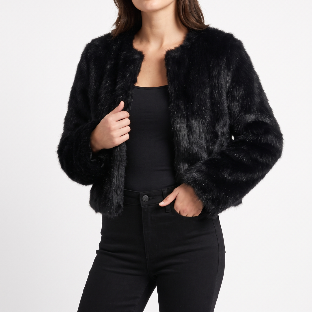 Womens Cropped Faux Fur Coat – Plush Open Front